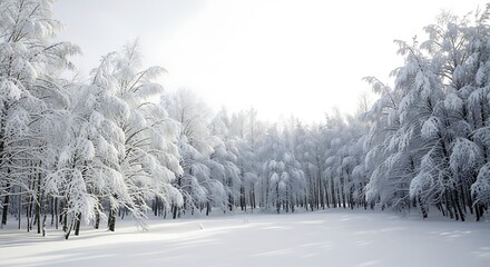 Obraz premium Winter wonderland serene landscape of snow covered trees in forest