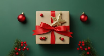 Wrapped present with red bow, gold star, pine, berries, ornaments on a green surface