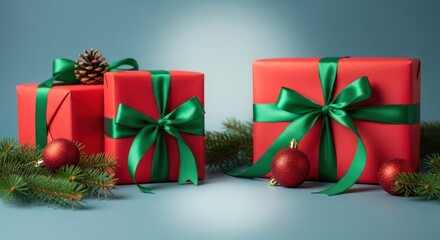 Wrapped red presents with green bows, pine branches, and festive ornaments on blue