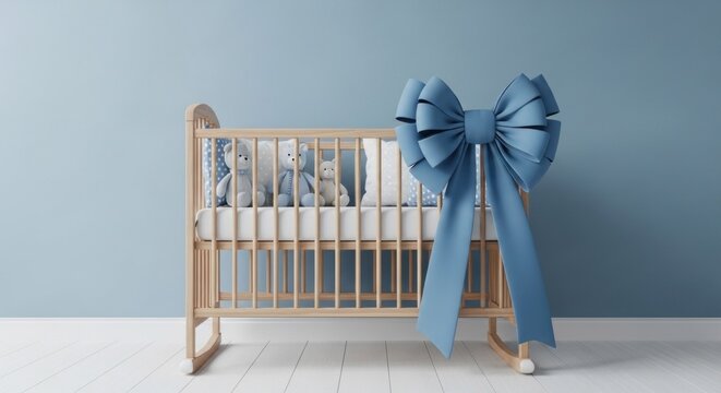 Wooden baby crib with blue bow and two teddy bears in a light blue nursery room