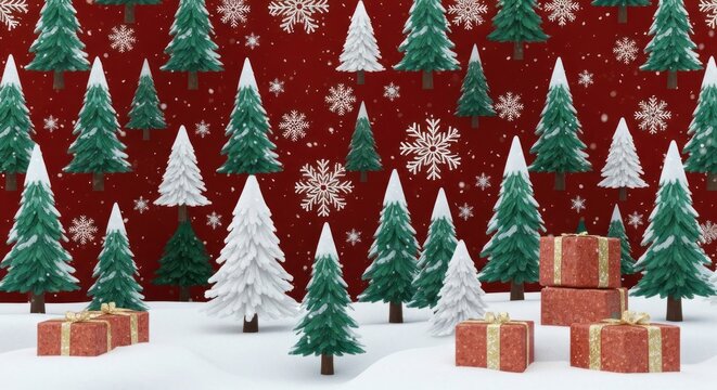 Winter wonderland with snow, green/white trees, festive gifts, and a red snowflake background - Powered by Adobe