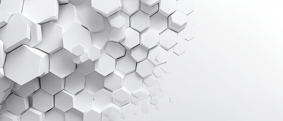 An abstract composition of white, three-dimensional hexagonal tiles, arranged in a geometric pattern