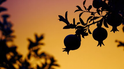 Pomegranates silhouetted on a tree branch, against a vibrant orange and pink sunset sky, fresh fruit scene, copy space