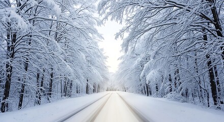 Winter wonderland road through snowy forest landscape nature adventure travel