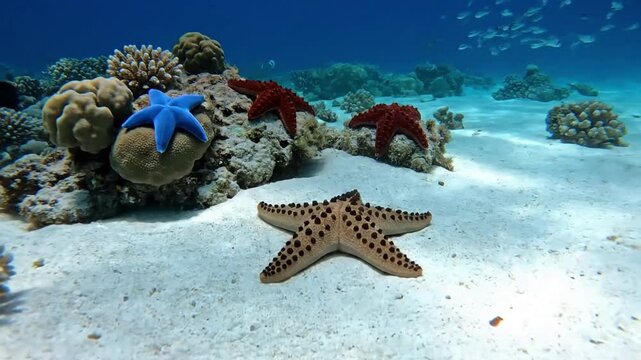 Close up shot revealing the intricate textures and vibrant colors of a starfish's dermal ossicles and tube feet, showcasing its unique biological structure.