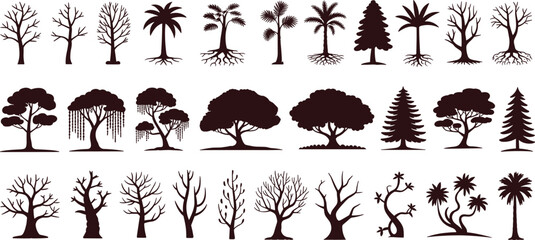 Diverse collection of tree silhouettes featuring tropical, deciduous, leafless, fantasy and forest elements for creative artwork, illustration, decoration, backgrounds