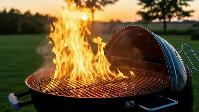 A vibrant flame roars within a charcoal grill, bathed in the warm, golden light of a sunset. This inviting outdoor scene captures the essence of summer gatherings, delicious anticipation, and relaxed 