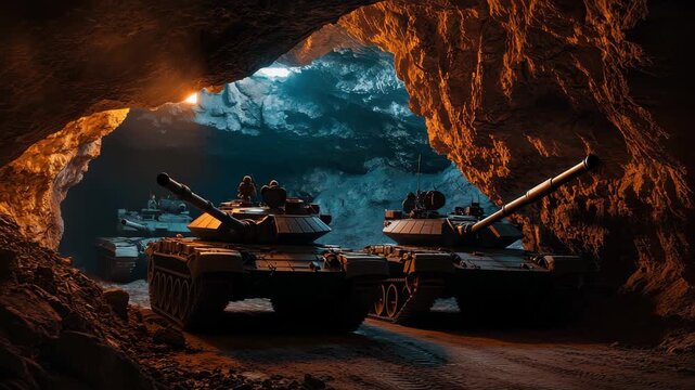 Military armored tanks sheltered inside a cave during strategic operations, A platoon of military armored tanks hiding inside a cave to avoid detection during war and conflict