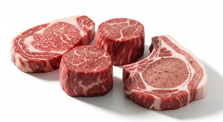 Selection of premium raw meat cuts featuring ribeye, tenderloin, and pork chop