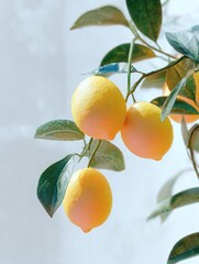 Three ripe lemons cluster on a sunlit branch, glistening with moisture; vibrant yellow hues against a soft, blurred background; lush green leaves surround the fruit