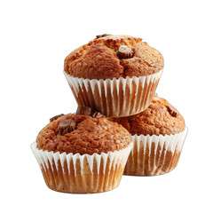 Three golden-brown muffins, studded with chocolate chips, stacked in a pyramid, nestled in white paper liners