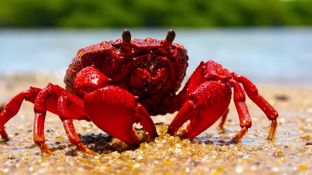 Ghost crabs emerging from burrows on a pristine, untouched sandy beach at dusk, their quick movements across the shore. wide shot, low light crab, fiddler crab, crustacean, tidal flat, beach,?