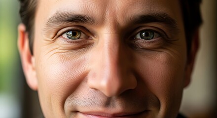 Close-up Portrait of a Smiling Man's Eyes and Nose with Soft Bokeh Background