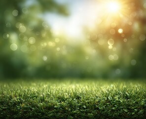 Obraz premium Lush green lawn basks in the sunlight, with blurred foliage and bokeh effects in the background