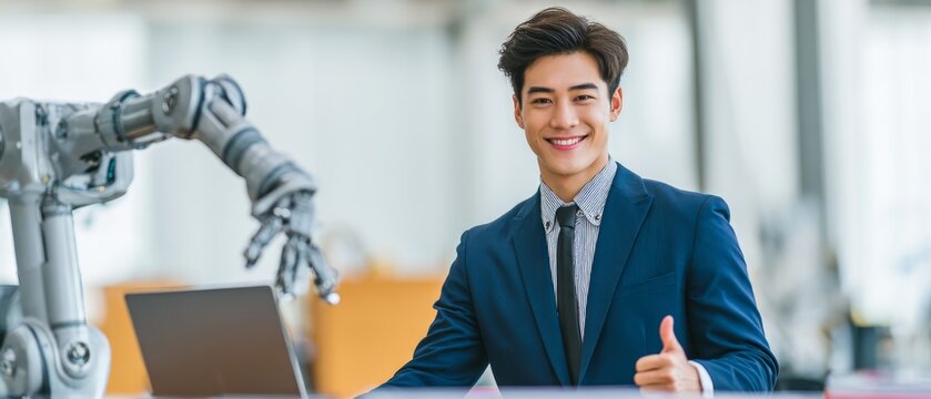 Young Asian man in a business suit smiling and giving a thumbs up beside a robotic arm in a modern office environment, showcasing technology and innovation in the workplace
