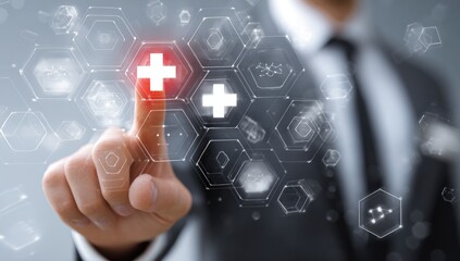 A businessman's finger interacts with a glowing hexagonal interface, highlighting a red medical cross among various medical icons