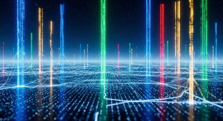 Abstract Digital Grid with Neon Light Beams.