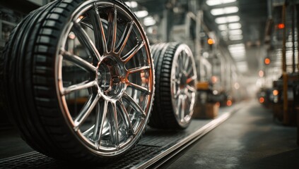 Two chrome alloy wheels with performance tires sit on a factory conveyor belt; a blurred industrial background suggests mass production