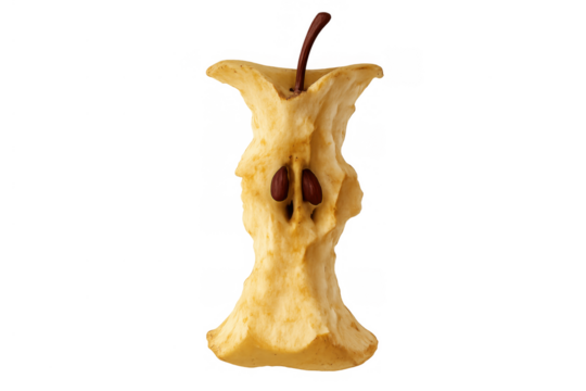 Apple core showing remaining seeds and stem, representing food waste, decay, and sustainable eating concepts