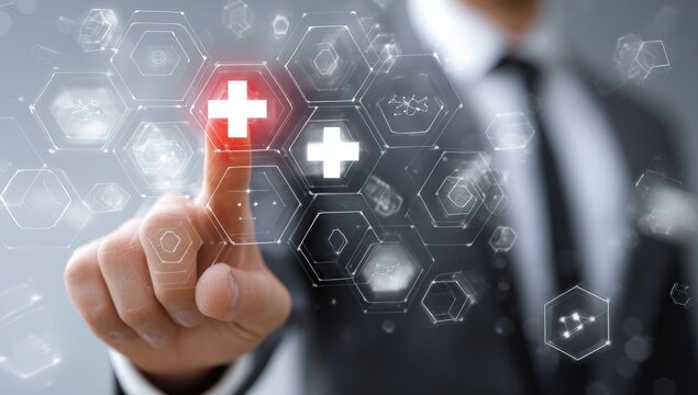 A businessman's finger interacts with a glowing hexagonal interface, highlighting a red medical cross among various medical icons