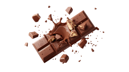 floating chocolate bar with broken chocolates on white background