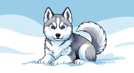 A cute cartoon husky puppy with blue eyes, lying in the snow, looking at the viewer. © Asap