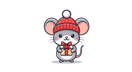 Cute cartoon mouse wearing a red hat and holding a wrapped gift, perfect for holiday greetings.