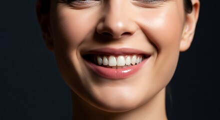 A dazzling and confident smile from a beautiful woman, highlighting her healthy white teeth and vibrant, glossy lips, reflecting joy and wellness
