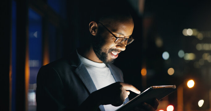 Tablet, research and black man in city at night with communication for finance review. Digital technology, bokeh and African male financial manager with email for investment proposal in urban town. - Powered by Adobe