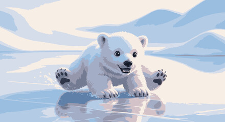 A cute, fluffy polar bear cub playfully slides across a glistening ice surface in a snowy, arctic landscape. © Asap