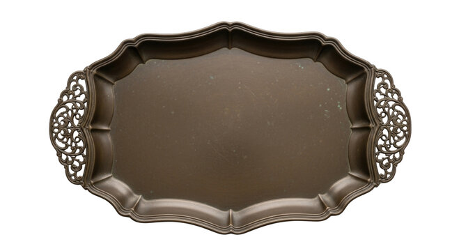 Antique silver platter with ornate handles transparent background cutout png