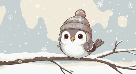 Cute bird with winter hat sitting on snowy branch in winter landscape. © Asap