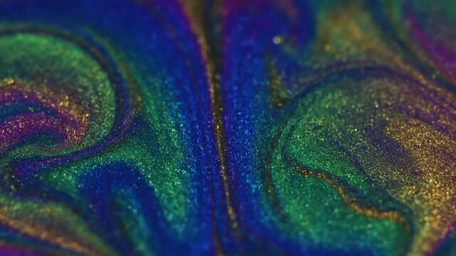 An ethereal dance of iridescent pigments blending and separating in a hypnotic, ever changing abstract liquid landscape. Explore the subtle shifts in hue and luminosity as different colored fluids?