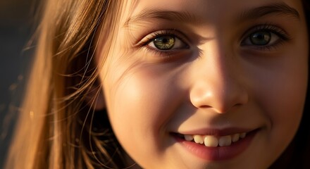 Close-up portrait of a young girl with green eyes, smiling softly in warm sunlight, capturing a moment of youthful innocence and joy