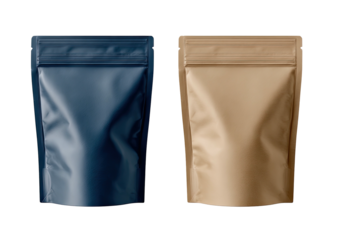 Two foil pouches one blue, one tan. Isolated