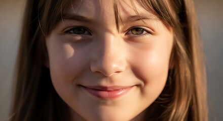 Close-up Portrait of a Smiling Young Girl with Brown Hair, Happy Expression, and Gentle Gaze