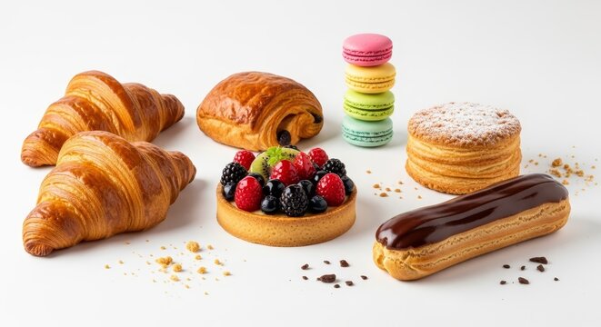 A Tempting Array of French Pastries, Croissants, Tartlets, and Macarons