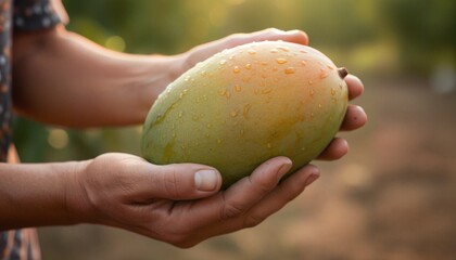 Obraz premium Close-up of Farmer's Hands Holding Freshly Harvested Mango with Morning Dew