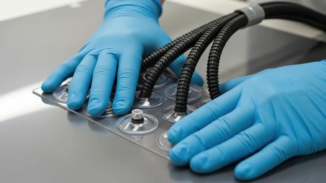 Hands in blue gloves manipulating technology components close up