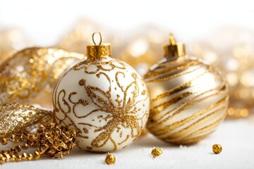 White and gold christmas ornaments decorating festive holiday season
