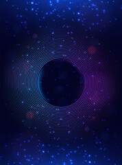 Futuristic blue and purple circle lines with lighting effect sparkle on dark background.