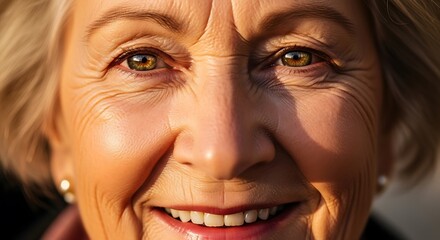 A radiant close-up portrait of a senior woman, her face illuminated by a genuine smile and expressive eyes, embodying a lifetime of joy and wisdom