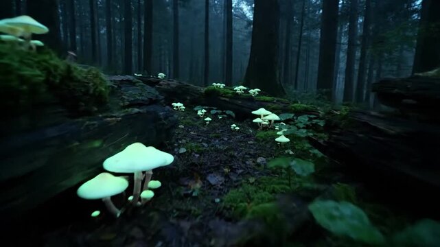 Intricate macro shot revealing the delicate bioluminescent structures of a glowing mushroom, highlighting the ethereal light emanating from its gills and cap in a dark, damp forest environment.