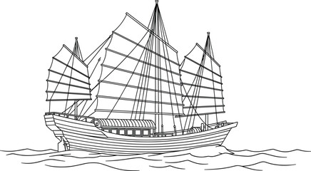 Chinese junk ship line drawing, black and white sketch, traditional sailing vessel illustration, maritime heritage vector, historical boat art
