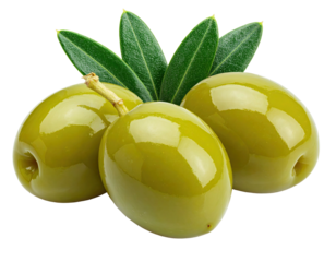Glossy olives with green leaves against a black backdrop