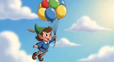Cartoon illustration of a young elf flying with colorful balloons against a bright sky background