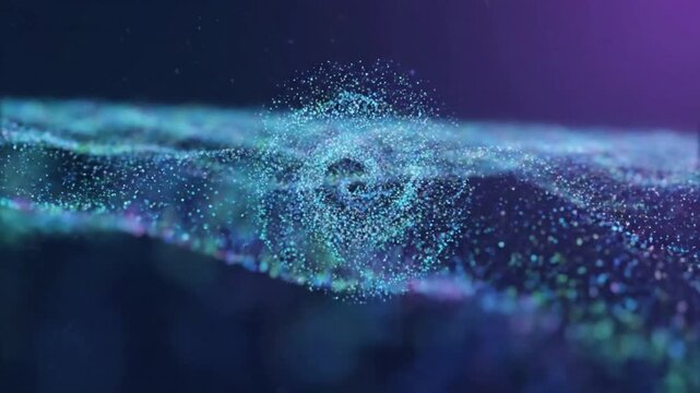 Dynamic simulation of microscopic organic particles coalescing and dispersing, forming ethereal, fluid structures within a digital canvas. Overhead view, slow motion