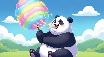 Obraz premium Cartoon panda enjoying colorful cotton candy against a serene landscape background