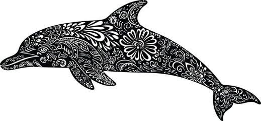 Dolphin silhouette illustration, floral paisley pattern, decorative marine design, black and white dolphin art, ornamental sea life vector graphic