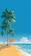 Vibrant illustration of a tropical beach scene featuring several palm trees on a sandy shore, a calm ocean, and a large orange sun setting or rising in a clear blue sky with a few fluffy clouds
